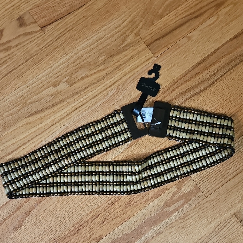 NWT Chico's Tan and Brown Beaded  Stretchy Belt L